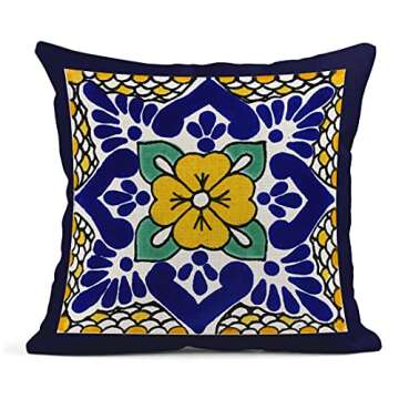 Semtomn Set of 4 Linen Throw Pillow Covers Spanish Talavera Exotic Geometry Dark Retro Ethnic Home Decorative 18"x18" Flax Pillow Cases Cushion Square Pillowcases
