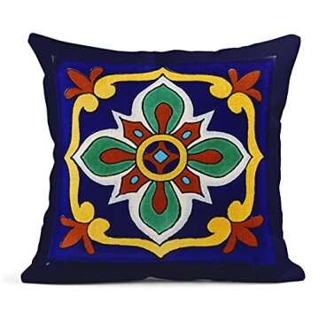 Semtomn Set of 4 Linen Throw Pillow Covers Spanish Talavera Exotic Geometry Dark Retro Ethnic Home Decorative 18"x18" Flax Pillow Cases Cushion Square Pillowcases
