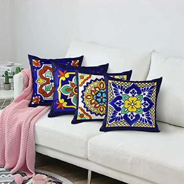 Semtomn Set of 4 Linen Throw Pillow Covers Spanish Talavera Exotic Geometry Dark Retro Ethnic Home Decorative 18"x18" Flax Pillow Cases Cushion Square Pillowcases