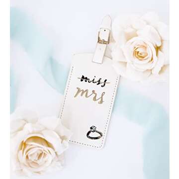 Kate Spade New York White Vegan Leather Luggage Tag, Bridal Gift for Bride, Cute Travel Tag for Honeymoon, Durable Suitcase Tag, Miss to Mrs.