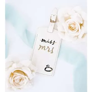 Kate Spade New York White Vegan Leather Luggage Tag, Bridal Gift for Bride, Cute Travel Tag for Honeymoon, Durable Suitcase Tag, Miss to Mrs.