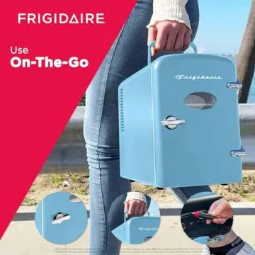 Frigidaire Retro Mini Personal Fridge Cooler, Holds up to 9 Cans, Portable for Car, Office, Bedroom, Dorm Room, or Cabin, Includes 110V AC and 12V DC cords - 11.8"D x 7.1"W x 10.1"H, Blue