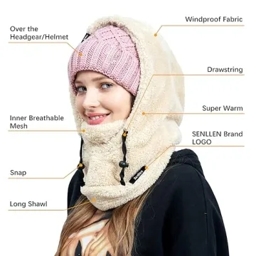 Senllen Balaclava Cold Weather Fleece Windproof Ski Mask Winter Breathable Thermal Face Mask Neck Warmer Scarf Helmet Hood for Men/Women Beige