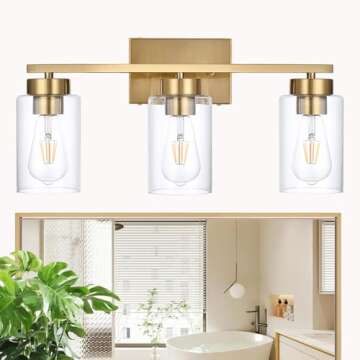 A1A9 3-Light Bathroom Vanity Light, Modern Brushed Gold Wall Lights with Clear Glass Shades, Bathroom Wall Sconce Lamp for Mirror Living Room Bedroom Hallway