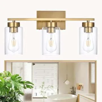 A1A9 3-Light Bathroom Vanity Light, Modern Brushed Gold Wall Lights with Clear Glass Shades, Bathroom Wall Sconce Lamp for Mirror Living Room Bedroom Hallway