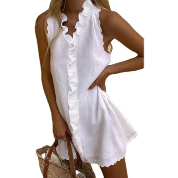 ZOCAVIA Summer Womens 2024 Linen Dress Short Mini Dresses Ruffled Sleeveless Sundress Beach Vacation...