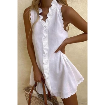 ZOCAVIA Summer Womens 2024 Linen Dress Short Mini Dresses Ruffled Sleeveless Sundress Beach Vacation Casual Dress Ruffle White Small
