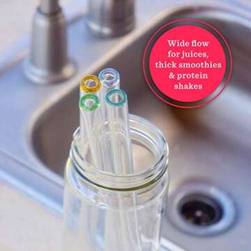 Artisanal Reusable Clear Glass Straws - Wide Flow for Smoothies, Juices, Milkshakes