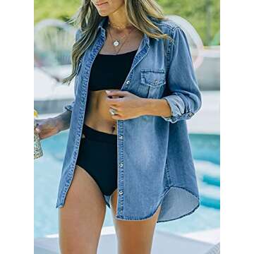 Sidefeel Women's Denim Tops Long Sleeve Shacket Jackets Button Down Collared Jean Shirt Medium Sky Blue