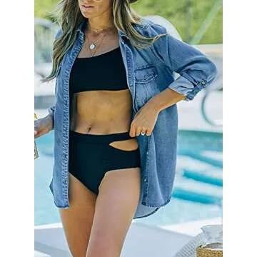 Sidefeel Women's Denim Tops Long Sleeve Shacket Jackets Button Down Collared Jean Shirt Medium Sky Blue