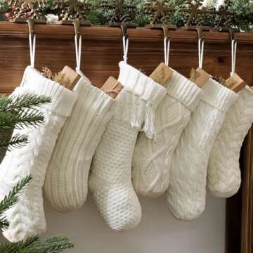 Christmas Stockings: 6 Pack Cream & White Cable Knit Patterns Fireplace Stockings, Rustic Hanging Xm...
