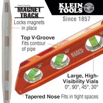 Klein Tools 935RB Torpedo Level, 8-Inch Billet Magnetic Level, 0/30/45/90 Degree Vials, V-Groove, Ta...