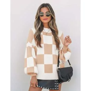 ZESICA Women's Fall Fashion Turtleneck Long Sleeve Striped Ribbed Knit Loose Pullover Sweater Tops,KhakiPlaid,XX-Large