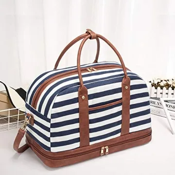 Weekender Bag for Women Canvas Overnight Bag Large Travel Bags for Women Carry on Shoulder Duffle Bag With Shoe Compartment,Perfect for Travel/Daily Use/Birthday Gift (Blue&white)