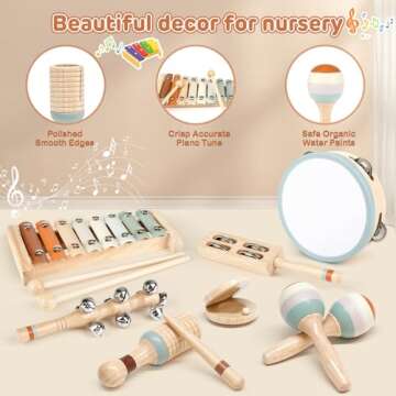 Toddler Musical Instruments, Joyreal Baby Musical Instruments Montessori Wooden Toys for Toddlers 3, Neutral Colors Percussion Instruments Set, Aesthetic Modern Boho Xylophone for Kids Playroom Gifts