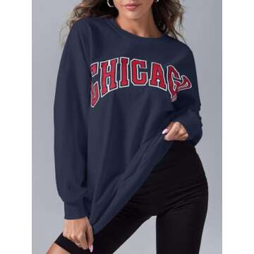 Women's Oversized Sweatshirt CHICAGO Crewneck Long Sleeve Casual Loose Pullover Tops 9# Navy
