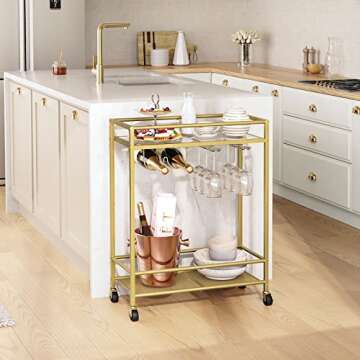 MAHANCRIS Gold Bar Cart, Beverage Cart with Wheels, Bar Cart for The Home, 2-Tier Drink Cart with Wi...