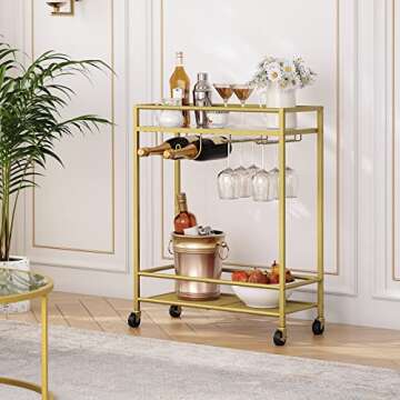 MAHANCRIS Gold Bar Cart, Beverage Cart with Wheels, Bar Cart for The Home, 2-Tier Drink Cart with Wine Rack and Glass Holder, Kitchen, Dining Room, Gold RCJ63B01Z