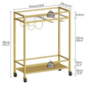 MAHANCRIS Gold Bar Cart, Beverage Cart with Wheels, Bar Cart for The Home, 2-Tier Drink Cart with Wine Rack and Glass Holder, Kitchen, Dining Room, Gold RCJ63B01Z