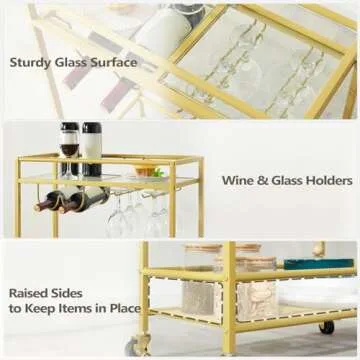 MAHANCRIS Gold Bar Cart, Beverage Cart with Wheels, Bar Cart for The Home, 2-Tier Drink Cart with Wine Rack and Glass Holder, Kitchen, Dining Room, Gold RCJ63B01Z