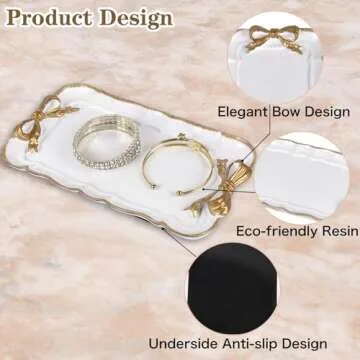 Perfume Vanity Tray Coquette Decor - 3 Pcs Decorative Perfume Tray Set, Jewelry Tray & Bow Makeup Mirror & Vanity Tray, Gold Perfume Tray Organizers, Coquette Vintage Decor for Room Bathroom, White