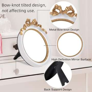 Perfume Vanity Tray Coquette Decor - 3 Pcs Decorative Perfume Tray Set, Jewelry Tray & Bow Makeup Mirror & Vanity Tray, Gold Perfume Tray Organizers, Coquette Vintage Decor for Room Bathroom, White