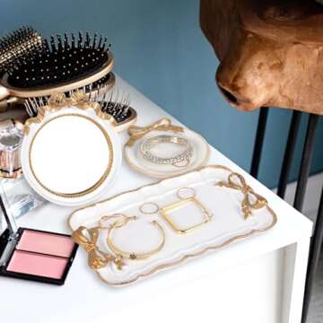Perfume Vanity Tray Coquette Decor - 3 Pcs Decorative Perfume Tray Set, Jewelry Tray & Bow Makeup Mirror & Vanity Tray, Gold Perfume Tray Organizers, Coquette Vintage Decor for Room Bathroom, White