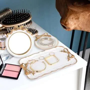 Perfume Vanity Tray Coquette Decor - 3 Pcs Decorative Perfume Tray Set, Jewelry Tray & Bow Makeup Mirror & Vanity Tray, Gold Perfume Tray Organizers, Coquette Vintage Decor for Room Bathroom, White