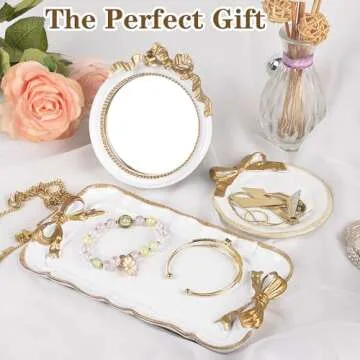 Perfume Vanity Tray Coquette Decor - 3 Pcs Decorative Perfume Tray Set, Jewelry Tray & Bow Makeup Mirror & Vanity Tray, Gold Perfume Tray Organizers, Coquette Vintage Decor for Room Bathroom, White