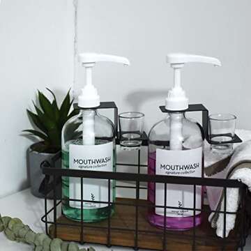 Onsogi Glass Mouthwash Dispenser with Cups Holders and Pumps, 16 Oz Rustic Boho Mouthwash Dispenser for Bathroom Farmhouse Decor - 2 Pack Clear…
