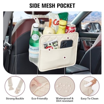 LXUNYI Car Seat Organizer,2 Pack Waterproof Pu Leather Backseat Car Organizer and Storage Bag Foldable Universal Hanging Car Seat Back Organizers for Kids & Adults (Beige 2Pack)