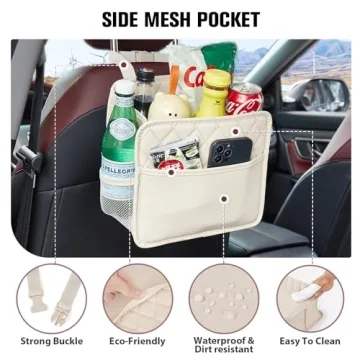 LXUNYI Car Seat Organizer,2 Pack Waterproof Pu Leather Backseat Car Organizer and Storage Bag Foldable Universal Hanging Car Seat Back Organizers for Kids & Adults (Beige 2Pack)