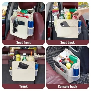 LXUNYI Car Seat Organizer,2 Pack Waterproof Pu Leather Backseat Car Organizer and Storage Bag Foldable Universal Hanging Car Seat Back Organizers for Kids & Adults (Beige 2Pack)