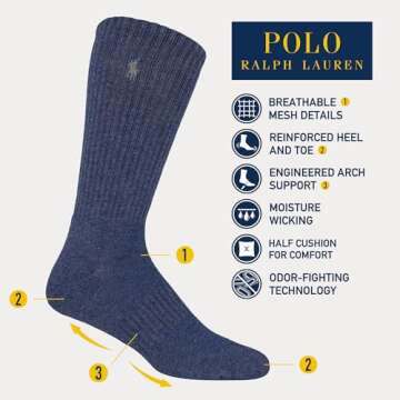Polo Ralph Lauren Men's Athletic Performance Cotton Crew Socks - 6 Pair Pack - Breathable Mesh & Moi...