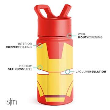 Simple Modern Marvel Iron man Kids Water Bottle with Straw Lid | Insulated Stainless Steel Reusable Tumbler Gifts for School, Toddlers, Boys | Summit Collection | 14oz, Iron Man Red Snapper