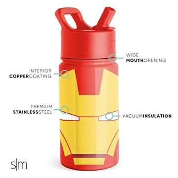 Simple Modern Marvel Iron man Kids Water Bottle with Straw Lid | Insulated Stainless Steel Reusable Tumbler Gifts for School, Toddlers, Boys | Summit Collection | 14oz, Iron Man Red Snapper