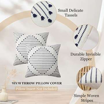 Mecatny Boho Throw Pillow Covers 18X18 Set of 2, Farmhouse Decorative Pillow Covers for Couch Sofa Living Room, Navy & Cream White