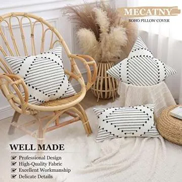 Mecatny Boho Throw Pillow Covers 18X18 Set of 2, Farmhouse Decorative Pillow Covers for Couch Sofa Living Room, Navy & Cream White