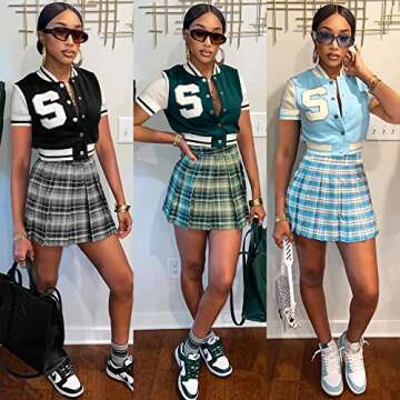 KIEBXANX Skirt Sets Women 2 Piece Outfits, Crop Varsity Jackets and High Waist Plaid Pleated Mini Skirt, Casual Preppy Sets
