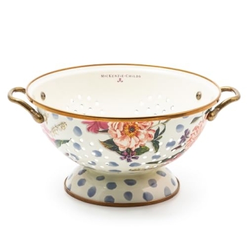 MACKENZIE-CHILDS Enamel Colander, Decorative Kitchen Strainer, Large, Blue Wildflowers