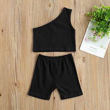 iddolaka Toddler Baby Girl Cotton One Shoulder Tank Top Vest+Shorts Solid Color Two Piece Outfit Set Casual Summer Clothes (A-Black, 3-4T)