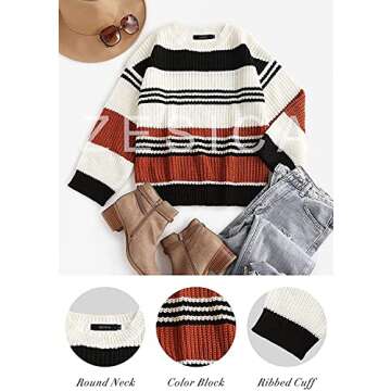 ZESICA Women's Fall Long Sleeve Crew Neck Striped Color Block Casual Loose Knitted Pullover Sweater Tops,Black,Medium