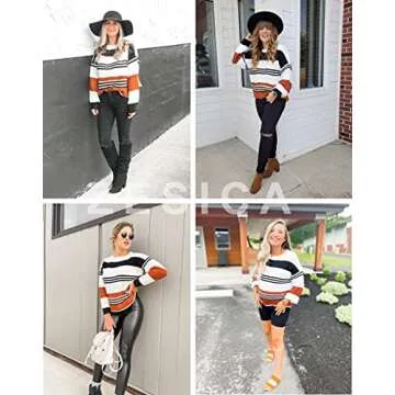 ZESICA Women's Fall Long Sleeve Crew Neck Striped Color Block Casual Loose Knitted Pullover Sweater Tops,Black,Medium