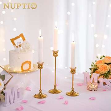 Nuptio Gold Candlestick Holder Taper Candle Holder Set of 3 Metal Candle Stick Candle Holders Candle Stand Table Centerpieces for Wedding Party Christmas Halloween Easter Home Mantel Decor