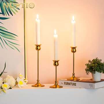 Nuptio Gold Candlestick Holder Taper Candle Holder Set of 3 Metal Candle Stick Candle Holders Candle Stand Table Centerpieces for Wedding Party Christmas Halloween Easter Home Mantel Decor