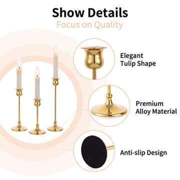 Nuptio Gold Candlestick Holder Taper Candle Holder Set of 3 Metal Candle Stick Candle Holders Candle Stand Table Centerpieces for Wedding Party Christmas Halloween Easter Home Mantel Decor