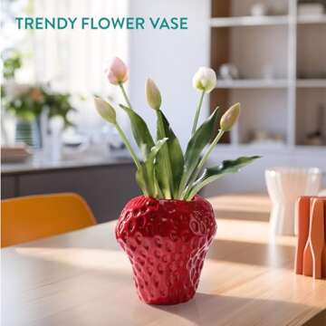 Navaris Strawberry Vase for Flowers - Small Ceramic Flower Vase - Cute Fruit Shaped Decor for Home a...