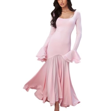 Women's Pink Long Dress - Square Neck Floral Lace Sleeves Pleated Skirt Elegant Fit & Flare for Spri...