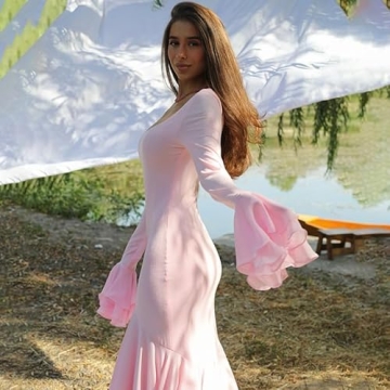 Elegant Women's Pink Long Dress with Lace Sleeves