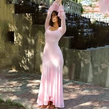 Elegant Women's Pink Long Dress with Lace Sleeves